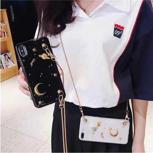 For iphone XS MAX cute luxury marble moon Crossbody chain phone case for iphone 11pro max case 11 X XR 6 6S 7 8 plus cover strap