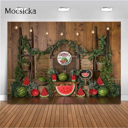 Farmers Market Watermelon backdrop rustic wood floor fruit photo booth background newborn kids portrait birthday backdrops prop