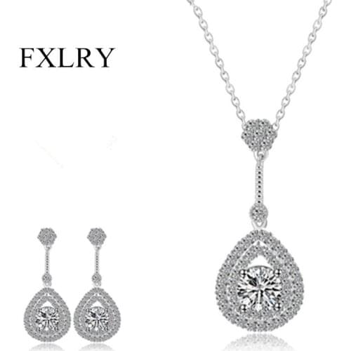 FXLRY New Design White Color Cubic Zircon Teardrop Zircon Earrings Pendant Necklace Jewelry Sets Fashion Party Jewelry