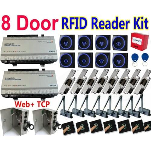 8 Door Full Package RFID Reader kit with Web Access Controller panels+8 EM Card Swipe+8 locks+8 door closers+2 ups power+8 exit