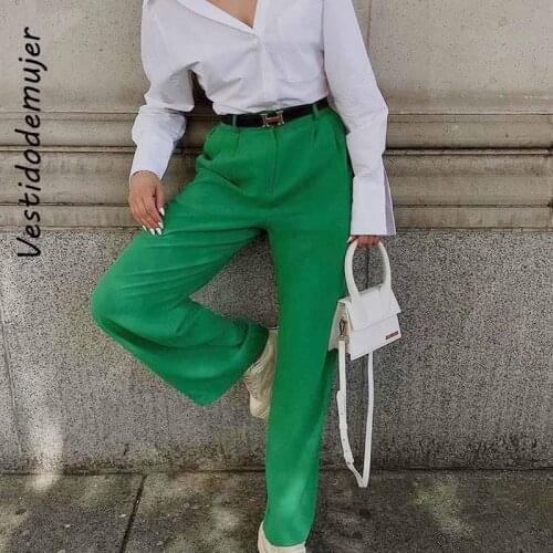 Vintage Fashion Green High Waist Straight Pants Suits Women Streetwear Bottom Office Lady Wide Leg Pant Female Outfits Clothes