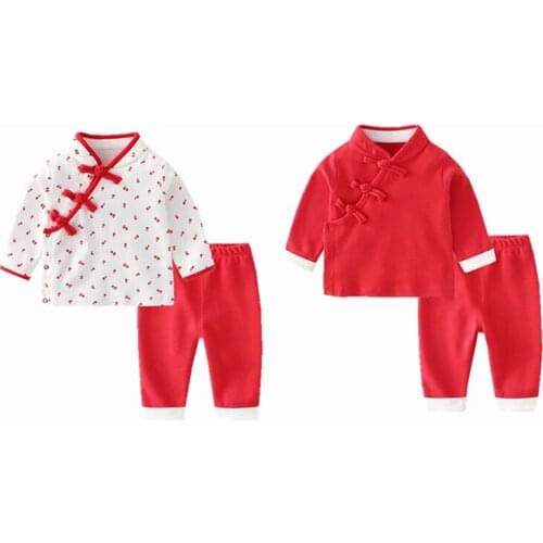 Unisex Toddler Girl Red Cherry Costume Long Sleeve Tops and Pants Baby Set Chinese Style Traditional Button Festival Outfits
