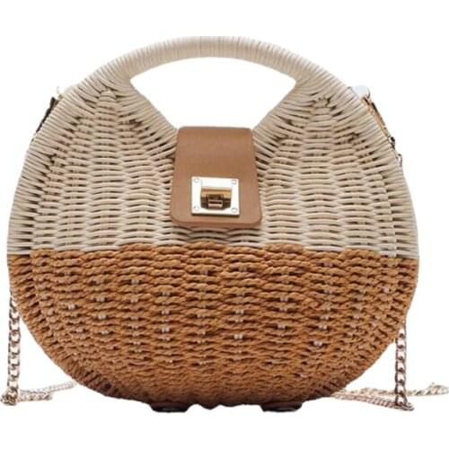 Round Woven Straw Bag Women Shoulder Bag Girls Vintage Summer Beach Handbag Wild Style Change Purse Cute Zipper Messenger Bags