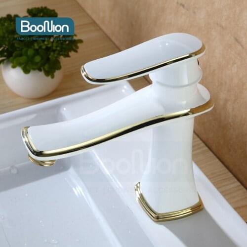 Boonion brass basin mixer White-gold bathroom tap single handle hot & cold single hole simple style