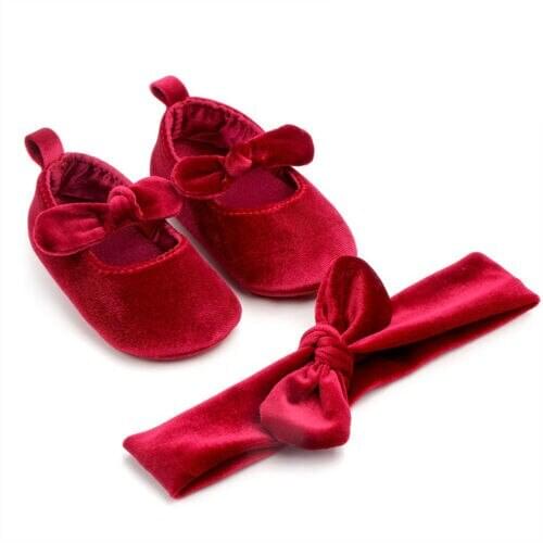 Cute Newborn Baby Girl Solid Gold Velvet Toddler First Walkers Kid Bow Shoes+Hairband Summer Set