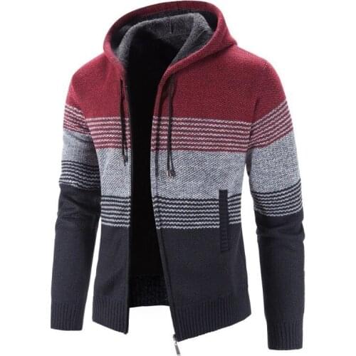 Mens Thick Warm Hooded Cardigan Sweatercoat Man Autumn Spring Jumpers Men Striped Cashmere Wool Liner Zipper Fleece Outwear Male