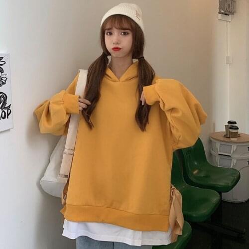 Autumn Hoodies Women Chic Lace-up Design Fake Two Fashion College Hooded Sweatshirt All-match Casual Soft Loose Femme Clothing