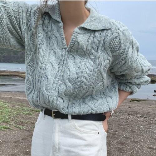 Autumn Solid Knitted Sweater Women Casual Long Sleeve Pullovers Vintage V-Neck Warm Tops Korean Loose Pull Femme