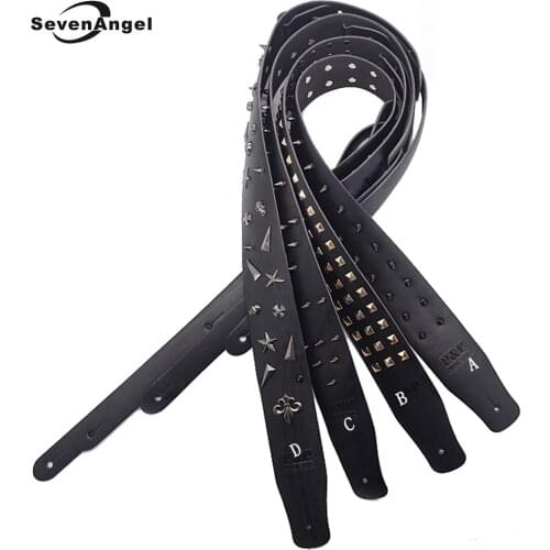 Genuine Leather Guitar Strap Black Widening PUNK Hard Rock Metal Rivets Decorations Folk Acoustic Electric Guitar Bass Belt