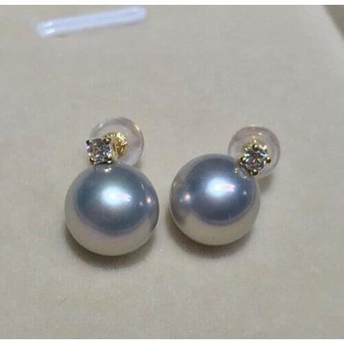 Princess style 8-8.5 mm Japan sea round Akoya silver blue pearl earring 18k gold
