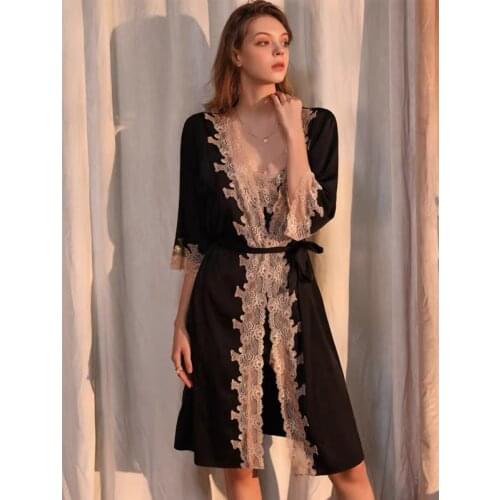 QWEEK Silk Sexy Robes Exotic Sets Sleepwear Peignoirs for Women Satin Bathrobe Kimono Lace Nightgown Summer Cardigan Albornoces