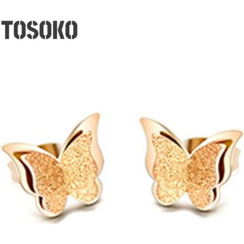 TOSOKO Stainless Steel Jewelry Frosted Butterfly Earrings Fashion Stud Earrings For Female BSF033