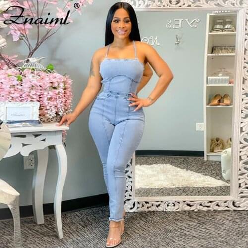 Znaiml Slim Sleeveless Backless Jeans Jumpsuit Denim Cargo Pants Women 2021 Lace Up Off Shoulder Elegance Jeans Woman Rompers