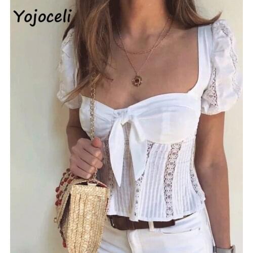 Yojoceli 2019 bohemina lace blouses shirt palace style bow blusas female summer bow square neck shirt tops