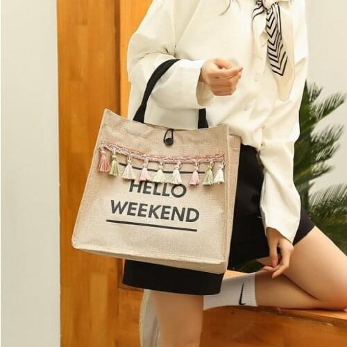 Female Handbag New Design Tassel Letter Print High Capacity Shopping Tote Bags For Women Simple Portable Linen Bag Сумка Женская