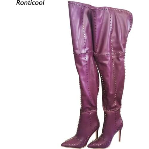 Ronticool Handmade Women Winter Thigh Boots Studded Back Zipper Stiletto Heels Pointed Toe Purple Night Club Shoes Us Size 5-15