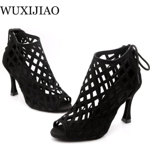 WUXIJIAO 2020 Womens black suede latin dance booties Latin dance shoes ballroom dance shoes 10 cm tango dance shoes