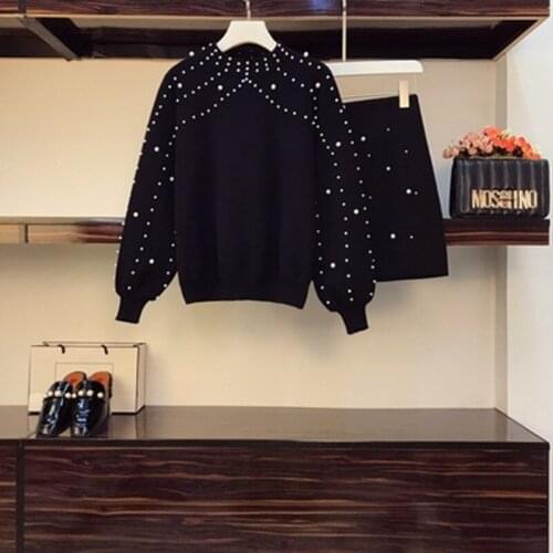 High Quality Beaded Sweater And Skirt Two Piece Set Women Fall Winter Fashion Lantern Sleeve Knitted Pullover Tops Woolen Skirt
