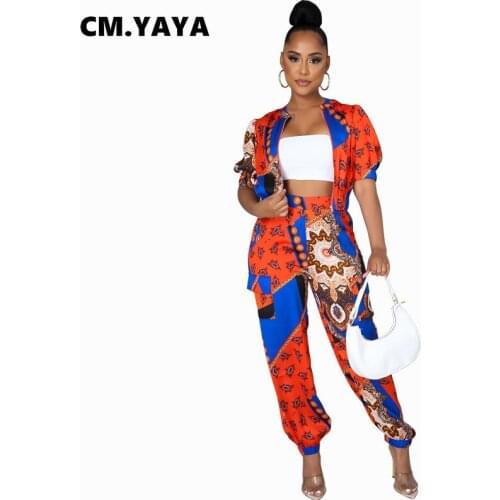 CM.YAYA Women Set Print Short Sleeve Zipper Crop Tops Stretchy Pants Two 2 Piece Sets Fashion Outfit Sporty Tracksuit Summer