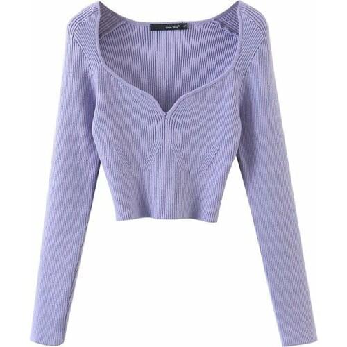 2021 New Square Collar Thin Knitted Pullovers Sweater Short Top V Neck Long Sleeve Women Fashion Tide Sweater Autumn