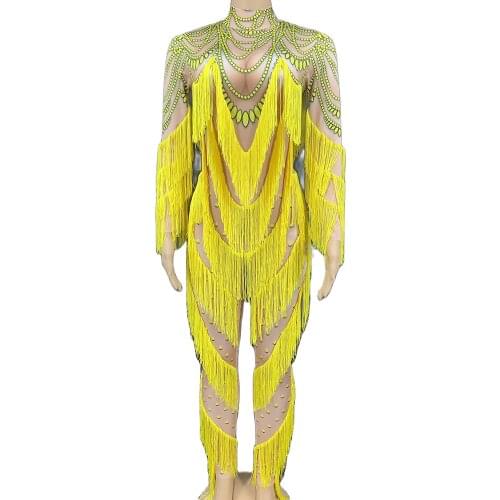 Yellow Personality Pattern Decoration Tassel Bodysuit Women Nightclub Dance Show Wear Theatrical Costume For Women Stage Outfit