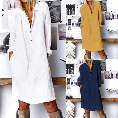 Women Fashion Long Dress Turn Down Collar Buttons Long Sleeve Solid Pocket Cotton and Linen Long-sleeved Skirt Fashion Vestidos