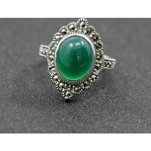 925 pure silver jewelry vintage green Natural stone thai silver female royal wind ring rich