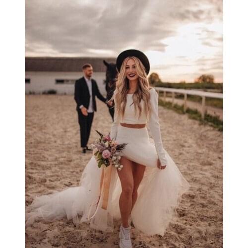 Bohemian Vintage Two Pieces Wedding Dress 2021 Robe De Mariee White For Women Long Sleeve Bridal Gown O-Neck Beach Wedding Gown