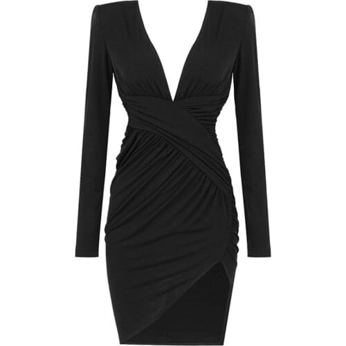 2021 Spring New Womens Vestidos Black Long-sleeved V-neck Pleated Waist Sexy Fashion Dress Celebrity Runway Party Dresses