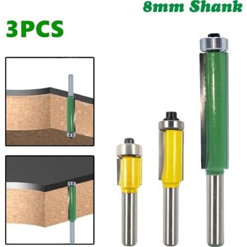3pc 8mm Shank1"1/2" 2" Flush Trim Router Bit with Bearing for Wood Template Pattern Bit Tungsten Carbide Milling Cutter for Wood