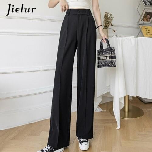 Jielur White Wide Leg Pants for Women High Waist Pockets Pants Casual Workwear Ol Lady Female Black Trousers S-Xl Pantalon Femme