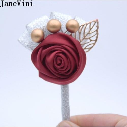 JaneVini Groom Flowers Boutonnieres Burgundy Satin Rose Suit Accessories for Groomsmen Formal Wedding Corsages Brooch Wristband