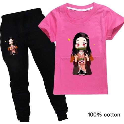Japan Anime Shirt Kids Summer Clothes Demon Slayer Girls Tops+pants Baby Tracksuit Kimetsu No Yaiba Cute Children Clothing Set