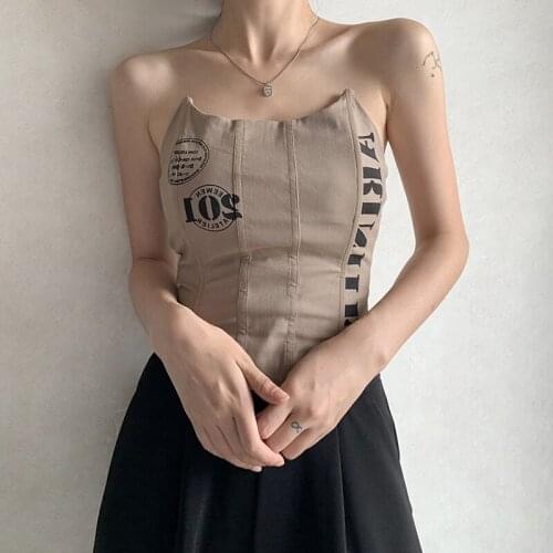 Khaki Slimming Open Navel Short Tops Sexy Slash Neck Wrapped Breast Skinny Tank Tops Fashion Letter Print Fitness All-match Tops