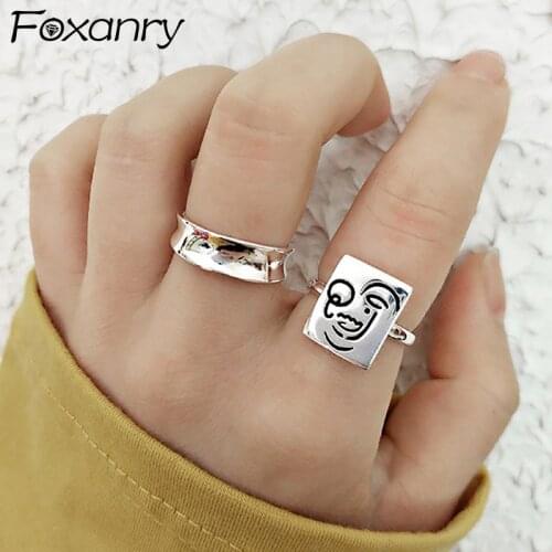 Foxanry 925 Sterling Silver Terndy Rings for Women Couples Creative Funny Face Geometric Handmade Finger Jewelry Party Gifts