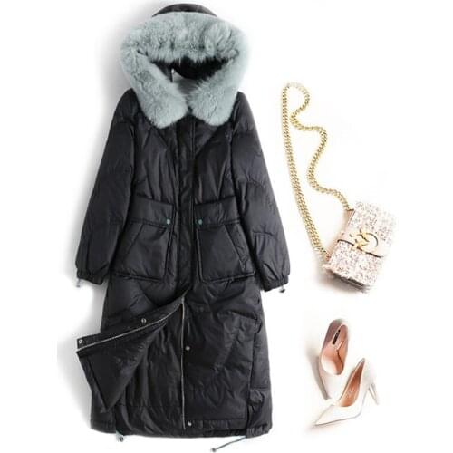 Women newest hooded long duck down jacket with big fur collar fashion over knee coats lady European and American down clothes