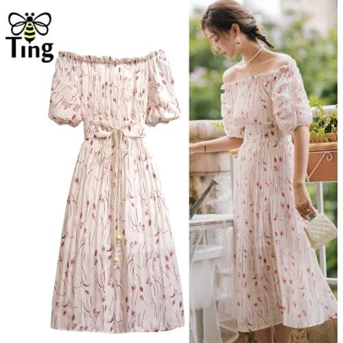Tingfly Summer Sexy Slash Neck Off the Shoulder Floral Boho Dress Vintage Elegant Outdoor Party Dresses with Belt Robes New