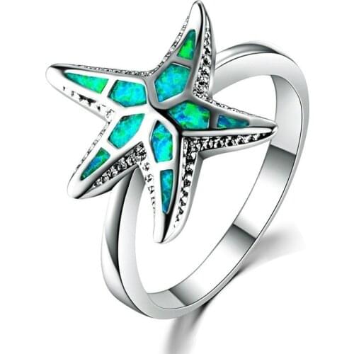 Fashion Blue Fire Opal Starfish Rings for Women Hollow Glitter Star Ring Seas Anel Oceans Beach Jewelry Bijoux Femme