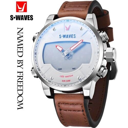 Watches Mens 2019 Analog Digital LED Leather Band Reloj Hombre Quartz Silver White Waterproof Military Watch Men SWAVES Brand