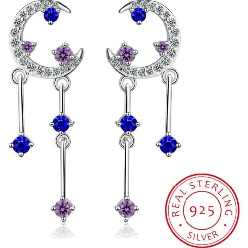 Charming 925 Sterling Silver Ultra-flash Moon Zirconia Starry Sky Tassel Earrings For Women Gift Oorbellen S-e817