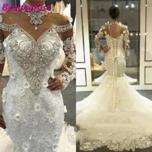 Luxury Mermaid Wedding Dresses High Sheer Neck Beaded Crystals Wedding Gowns Illusion Long Sleeves Bridal Dress Lace Up Back