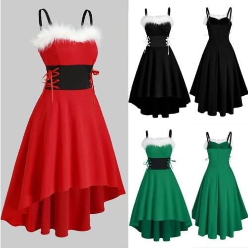 S-3XL Christmas 2020 New Womens Sexy Off Shoulder Faux-Fur Lace Up Asymmetrical High Low Midi Dress Sling Skirt Irregular Dress