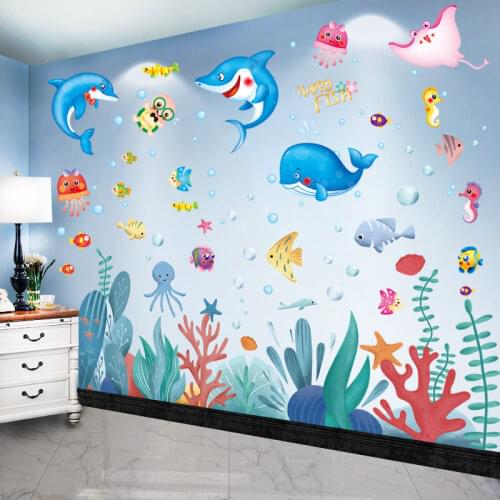 [shijuekongjian] Fish Wall Stickers DIY Whale Dolphin Shark Mural Decals for Kids Rooms Baby Bedroom Nursery House Decoration