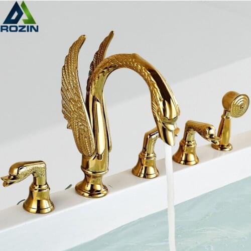 Golden Swan Bathtub Faucet Deck Mounted Bath Shower Set Brass Hand Shower Basin Mixer Tap Widespread Tub Sink Faucet