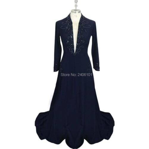 Navy Blue Satin Evening Dresses Embroidery Plunging V Neck Full Sleeve Beaded Formal Floor Length Wedding Party Dress