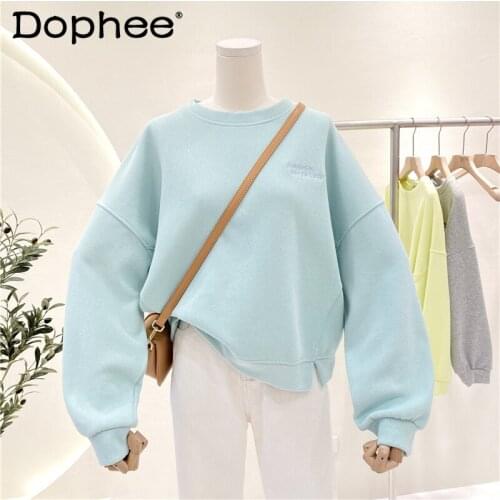 Spring and Autumn Candy Color Pullover Sweatshirts Womens Loose Slimming Embroidery Letter Long Sleeve Hoodie Tops