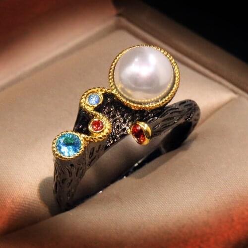 CIZEVA Bohemia Jewelry Elegant Peony Branch 925 Sterling Silver Rings Freshwater Pearl Butterfly Wedding Rings Christmas Gifts