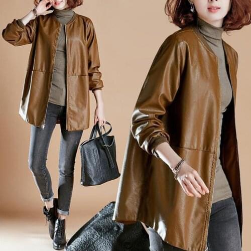 O-Neck Spring Womans Pu Leather Jackets Long Sleeve Casual Ladies Faux Leather Coats Basic Plus Size Female Jacket with Pockets