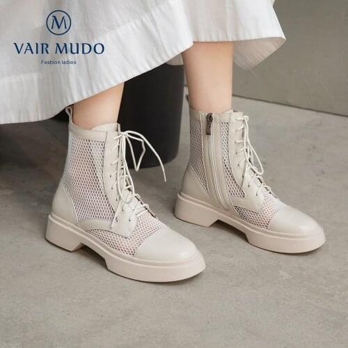 VAIR MUDO WomenAnkle Boots Shoes Spring Autumn Genuine Leather Fashion Elegant White Black Sexy Shoes Female Lady Punk WM-X5