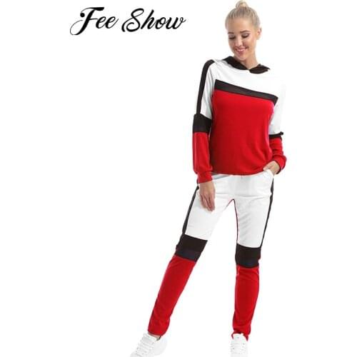 Women Casual Two Piece Tracksuit Running Yoga Set Workout Clothes Outfit Sportswear Gym Sports Patchwork Hoodie Sweatshirt+Pants